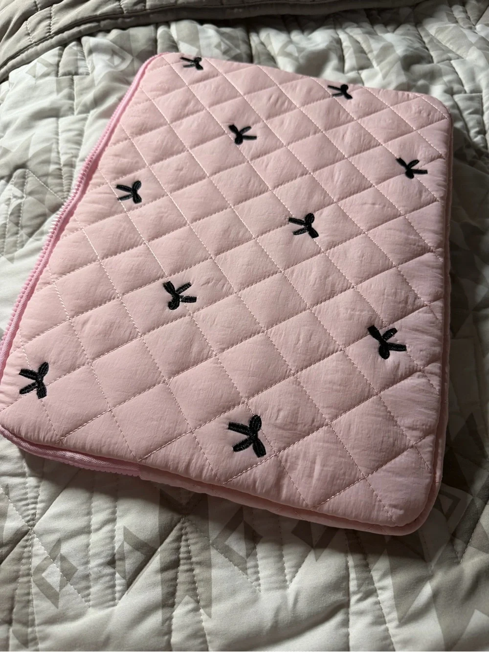 New Pink Quilted Laptop Sleeve with Bow Accents